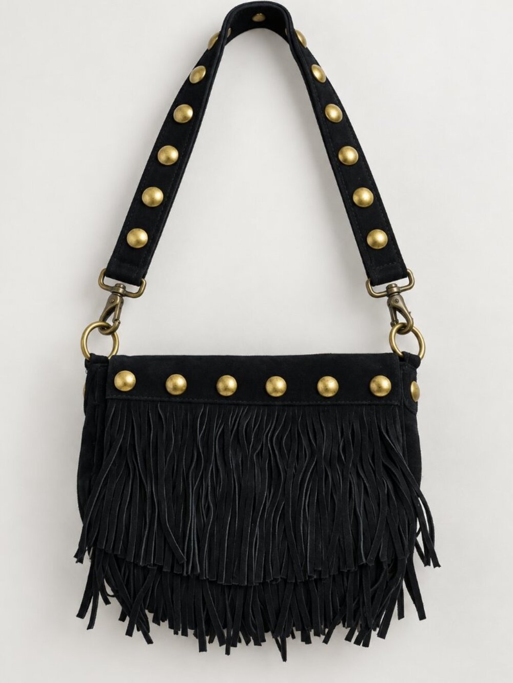 Vintage Y2K Black Suede Fringe Shoulder Bag Studded Western Boho Crossbody